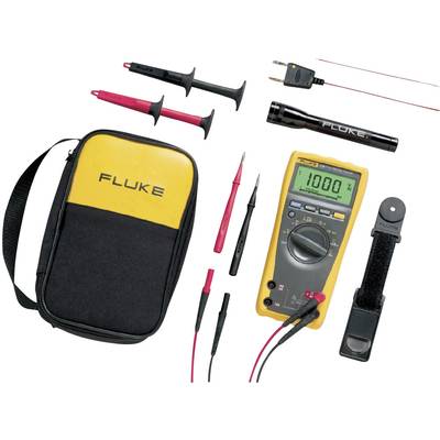 Digitaal multimeter-set met tas, meetkabels, meetpunt, thermometerfunctie en toebehoren. Apparaat toont waarde '1000' op display.