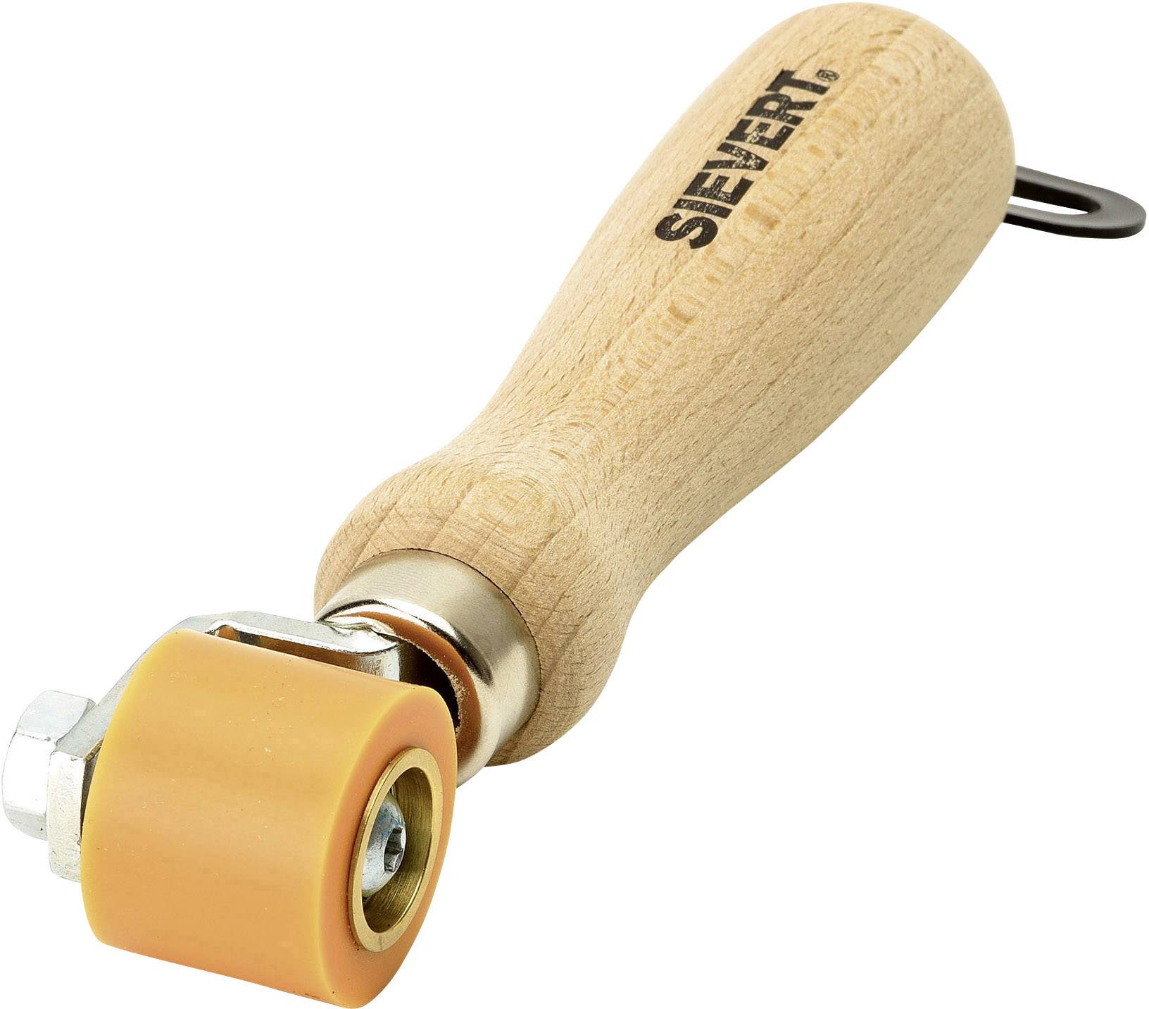 Een houten walswerktuig met een houten handgreep waarop 'SIEVERT' staat, voorzien van een oranje, ronde rol voor materiaalbewerkingen.