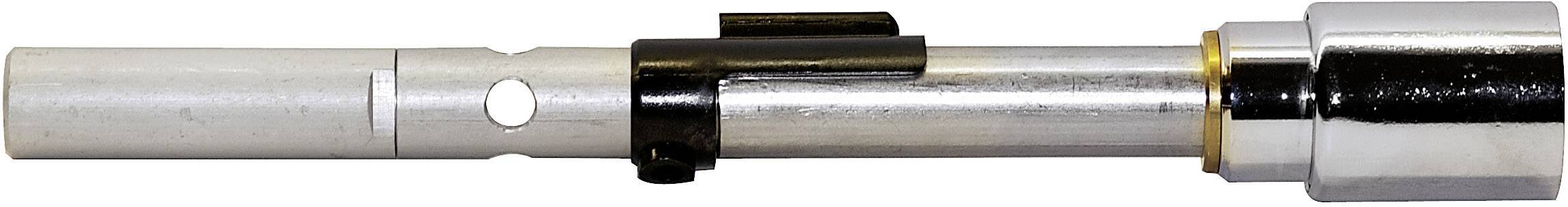 Een cilindrische, zilveren metalen tool met een zwarte hendel en een kleine gele rand, dat waarschijnlijk deel uitmaakt van een machine.