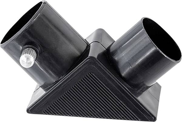 Een diagonale spiegeladapter voor telescopen, die licht 90 graden afbuigt. Hij heeft twee cilindrische openingen en een bevestigingsschroef.
