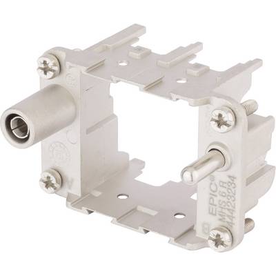 Metalen beugel met een centrale, rechthoekige uitsparing, twee ronde aansluitingen links, bevestigd met schroeven in elke hoek.