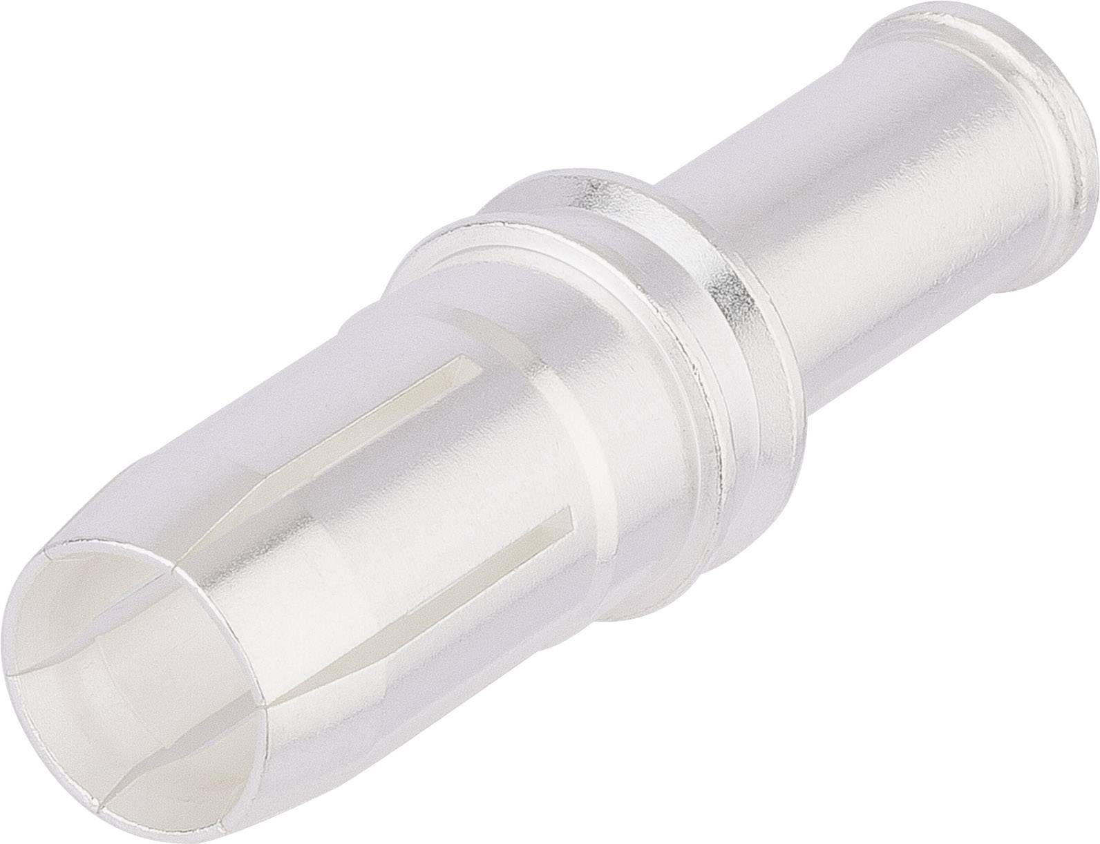 Zilveren, cilindrische metalen sluiting met ventilatiesleuven aan één uiteinde, vermoedelijk een connector of adapter.