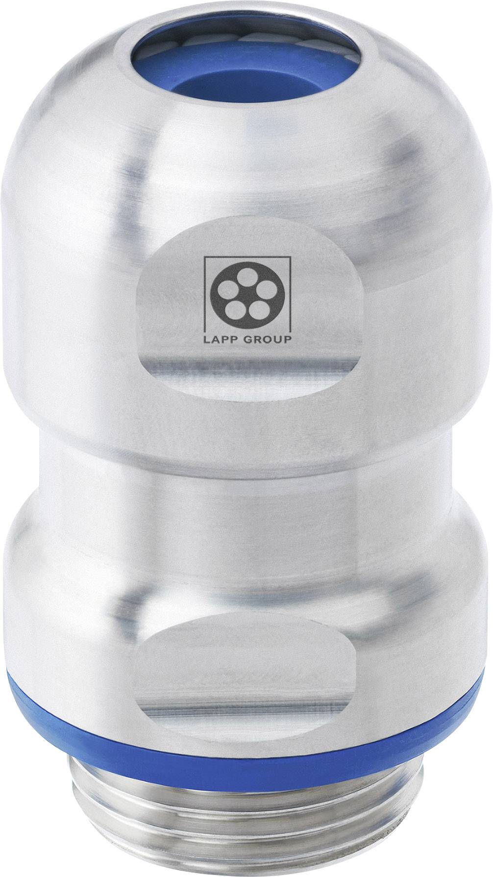 Metalen kabelwartel voor industriële toepassingen, glanzend zilver met blauwe afdichting. Logo van 'LAPP GROUP' zichtbaar.