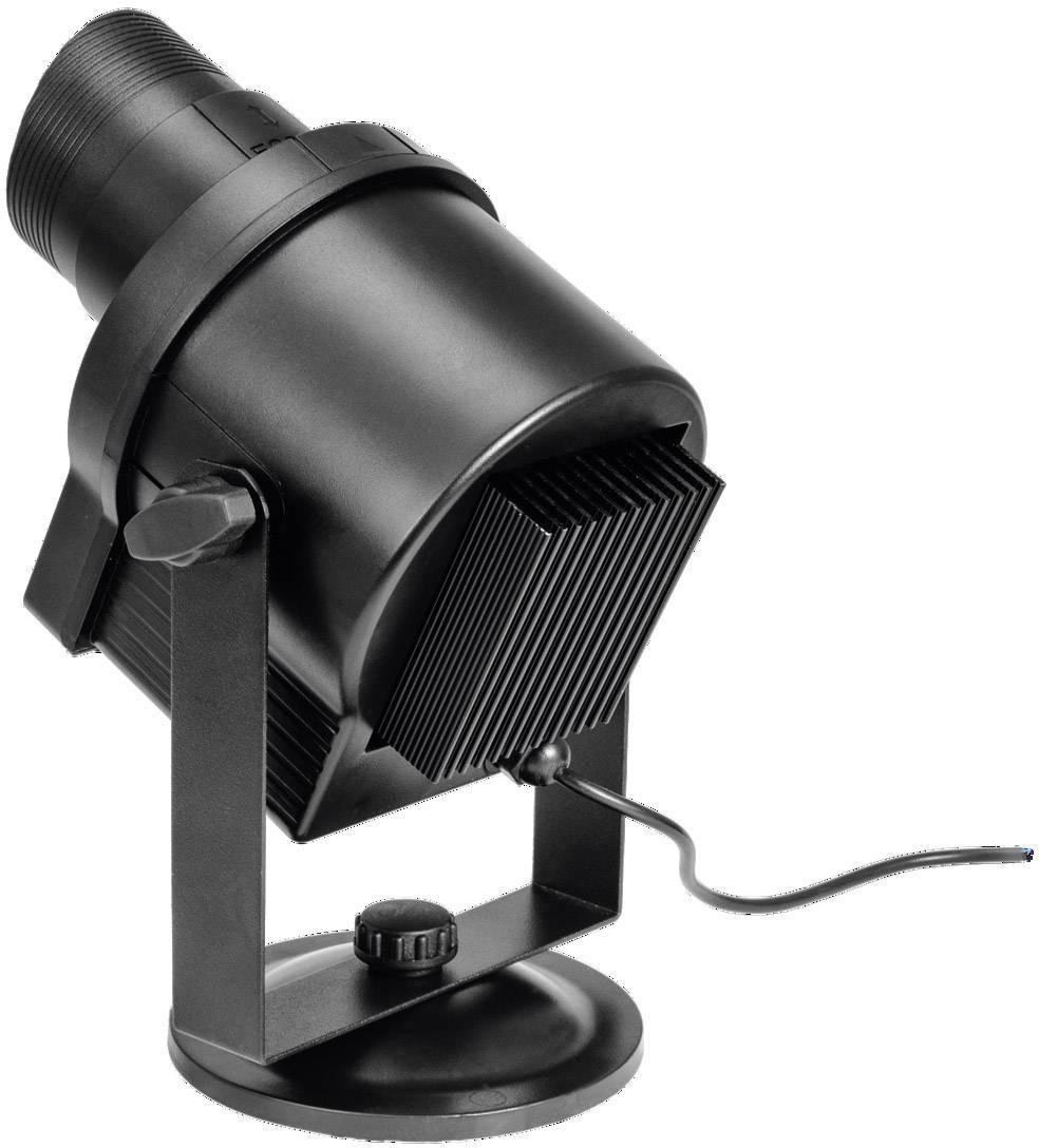 Een zwarte projector of schijnwerper met verstelbare standaard en een aangesloten kabel, op een witte achtergrond.