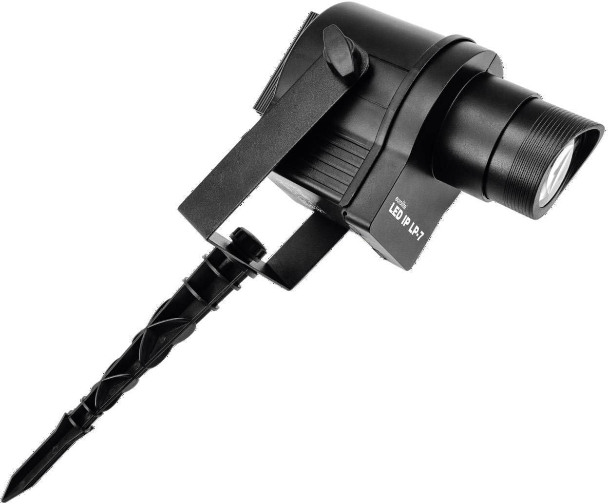 Een zwarte LED-schijnwerper met grondpen, geschikt voor buitenverlichting. Ideaal voor tuinen of paden, robuust en weersbestendig.