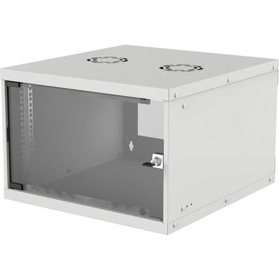 Een grijze serverbehuizing met een transparante voorkant en ventilatieopeningen bovenaan, geschikt voor IT-apparatuur in technische omgevingen.
