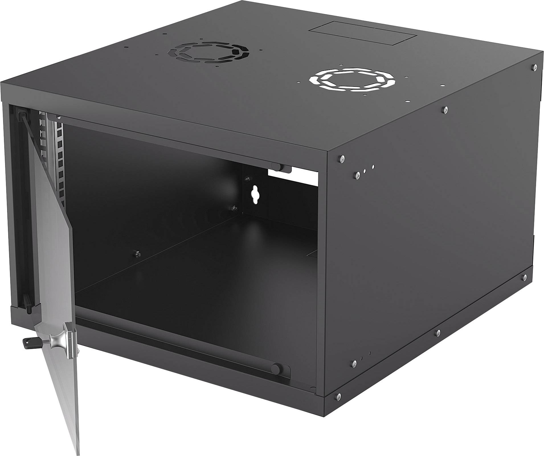Een lege, zwarte metalen serverbehuizing met een open glazen deur, geschikt voor de veilige opslag van IT-componenten.