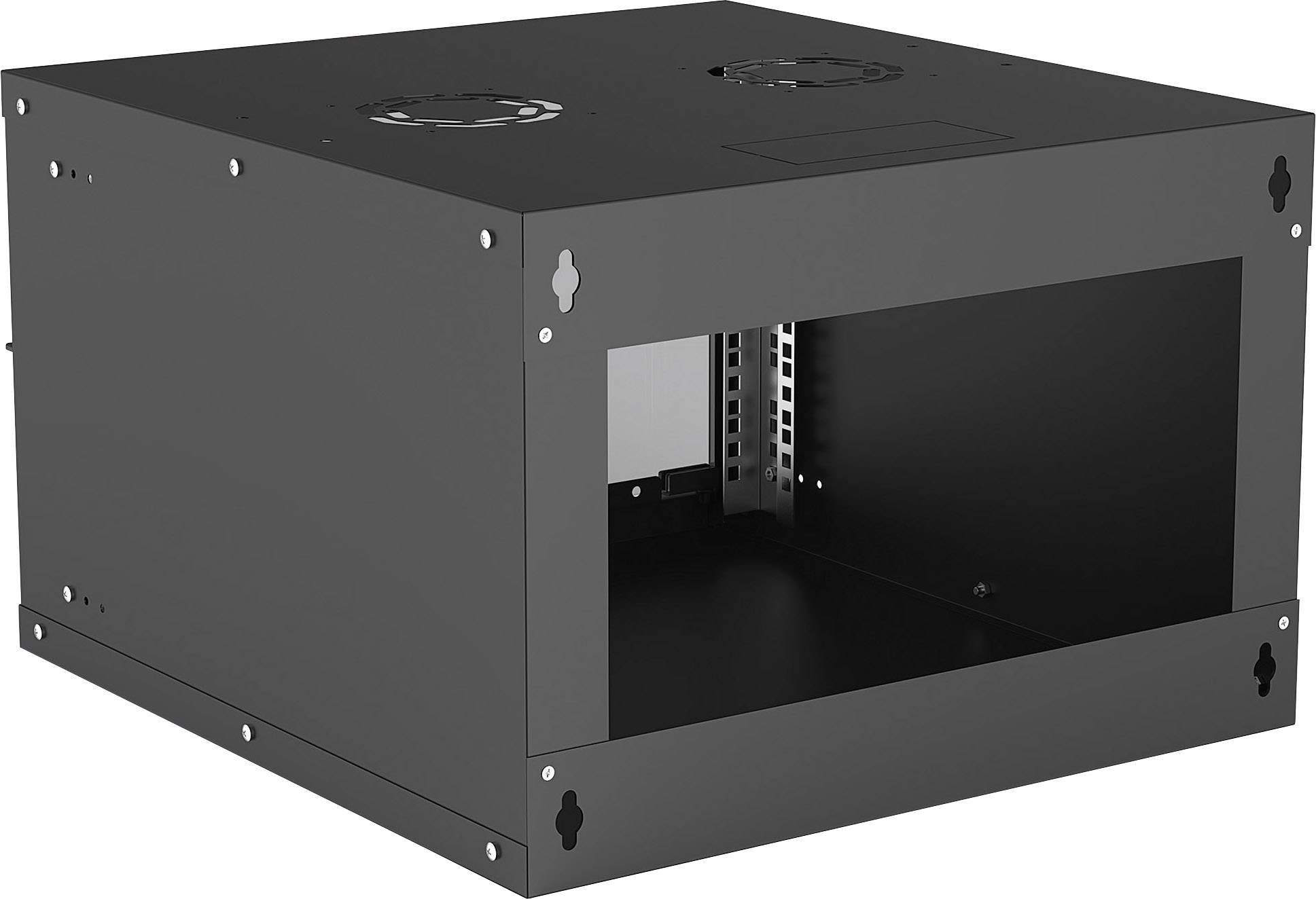 Zwart, rechthoekig serverbehuizing met ventilatiesleuven aan de bovenkant en een zijopening voor hardwareinstallaties.