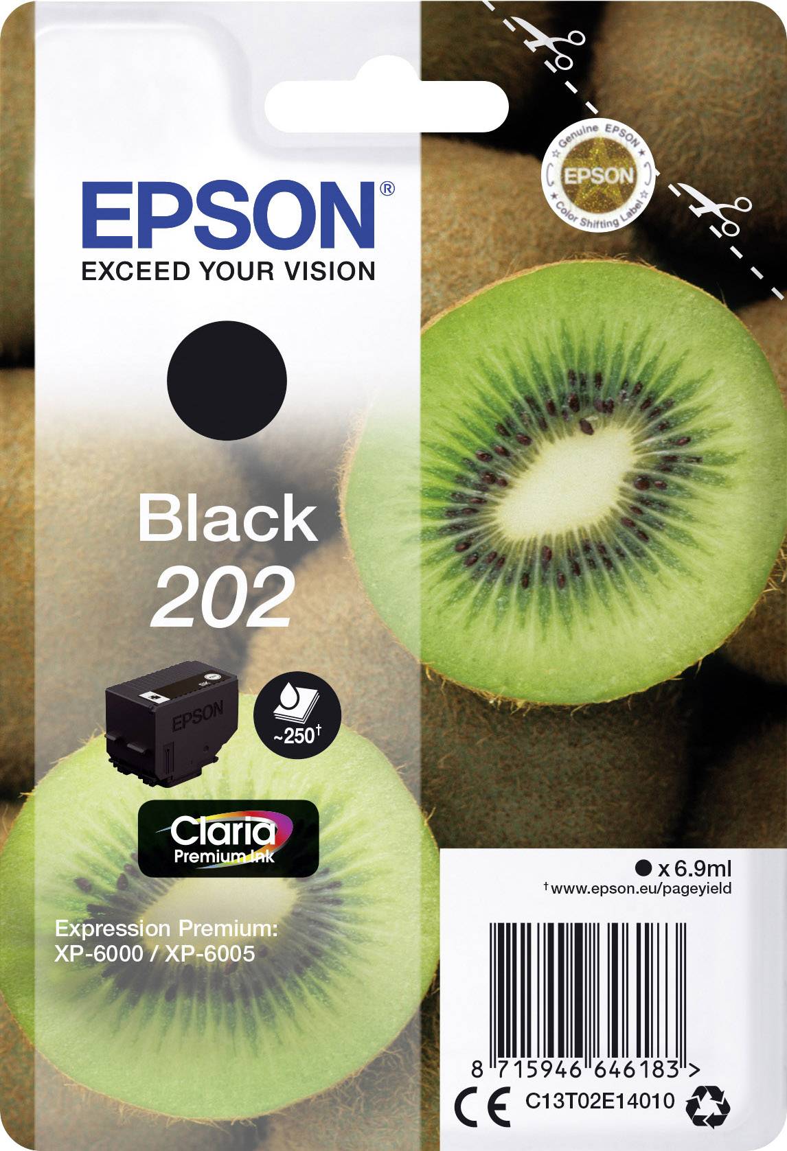 'Epson 202 Zwart' inktpatroon, Claria Premium inktechnologie, voor printermodellen XP-6000/XP-6005. Afbeelding van kiwi op de achtergrond.