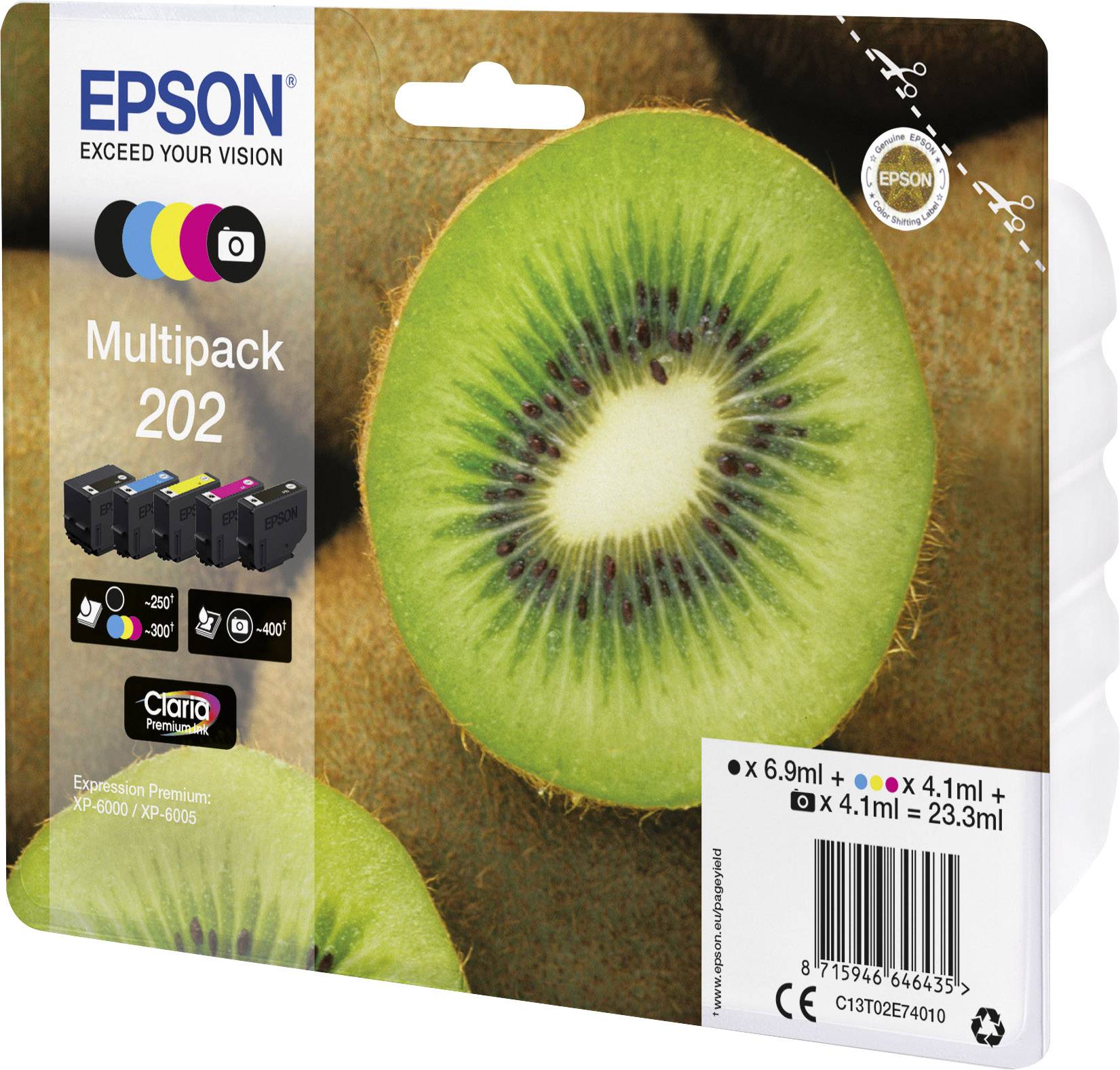 Verpakking van een Epson 202 inktpatroon, multipack, met een kiwi-motief. Bevat vier verschillende kleurvullingen.