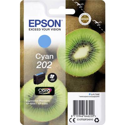 Epson inktpatroon verpakking: 'Cyaan 202', Kiwi-afbeelding. Voor modellen XP-6000/XP-6005. Claria Premium inkt, 300 graden druppel-symbool.