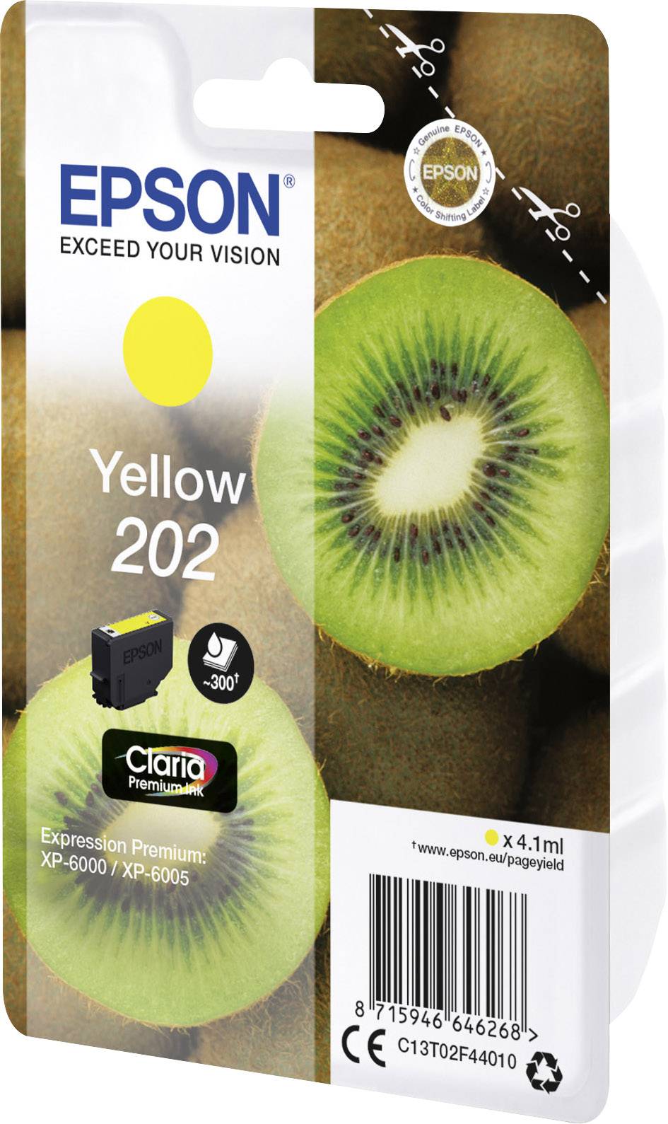 Epson printcartridge 'Yellow 202', met kiwi-motief op de verpakking. Compatibel met Expression Premium XP-6000/XP-6005.