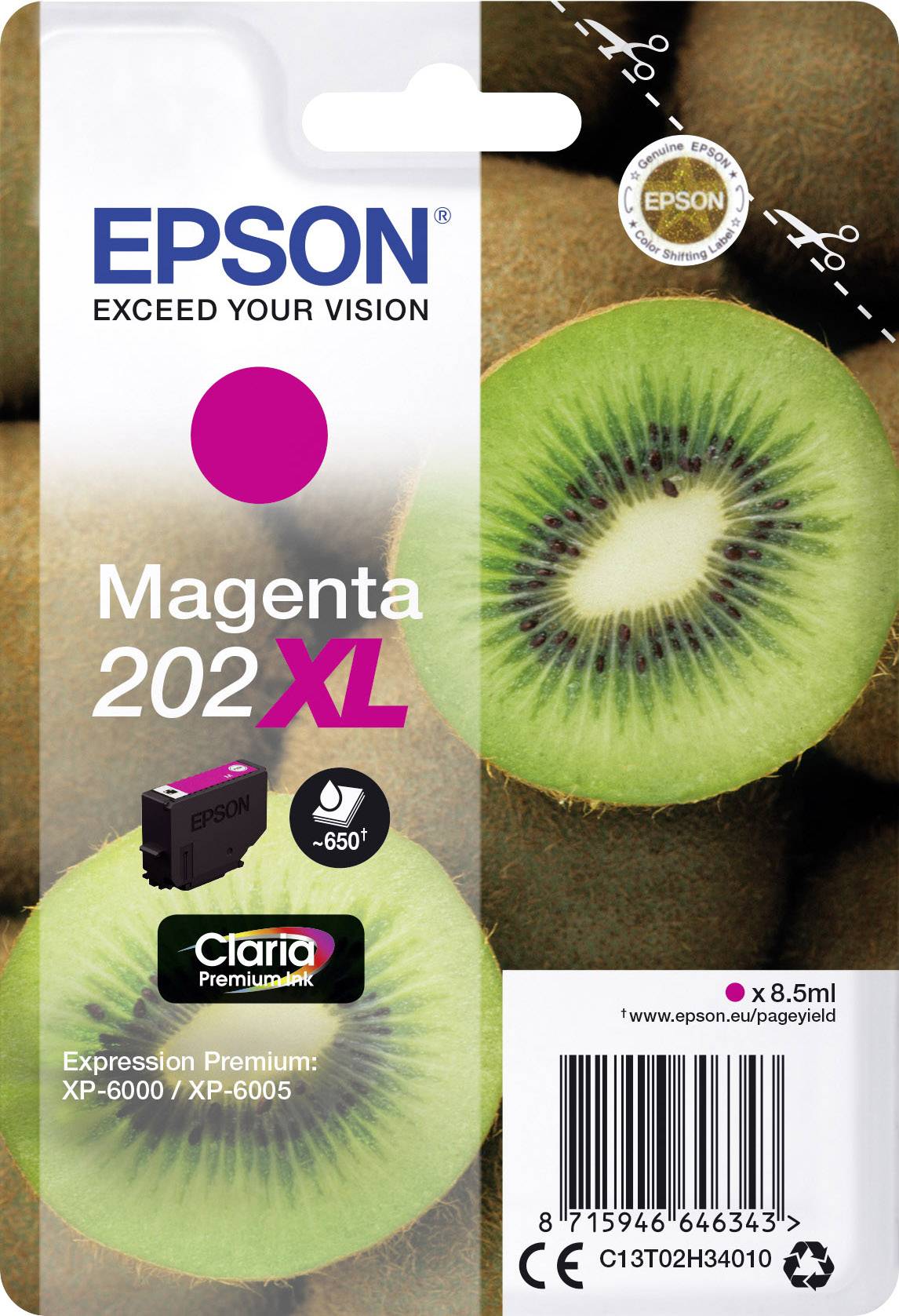 Verpakking van een Epson Magenta 202XL inktcartridge voor printers uit de XP-6000/XP-6005 series. Twee kiwi's op de achtergrond.