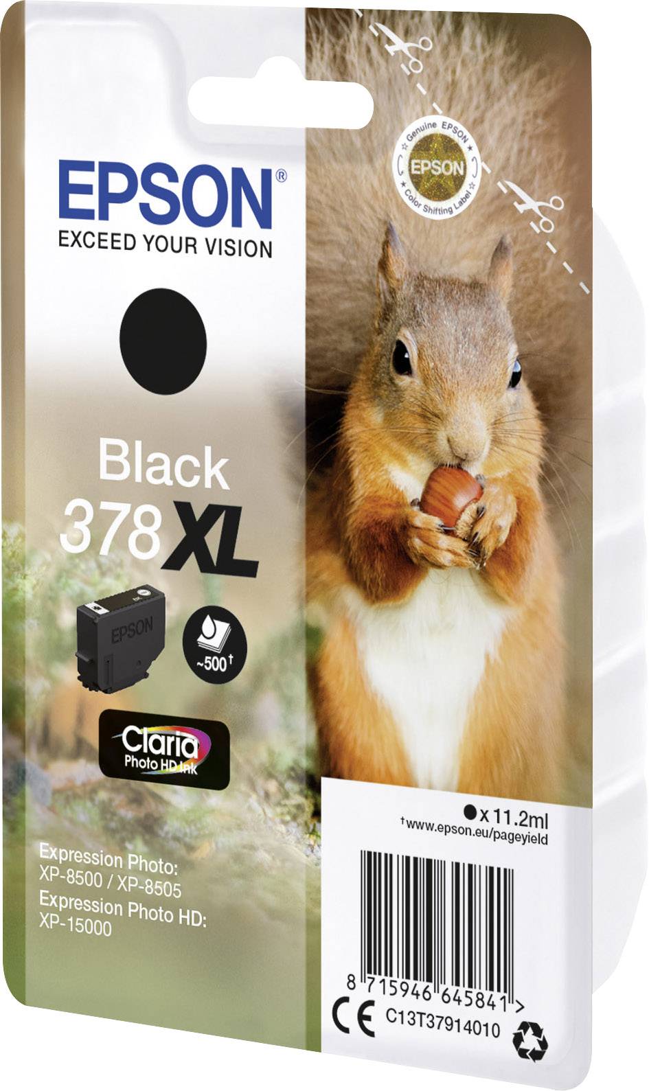 Een Epson inktpatroon, Zwart 378XL, met een afbeelding van een eekhoorn en informatie over compatibele printermodellen.