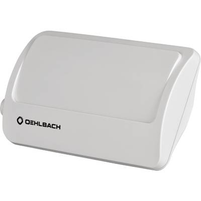 Een witte Oehlbach stekker, rechthoekig met afgeronde hoeken. Opschrift 'Oehlbach' onderaan links. Voornamelijk bedoeld voor huishoudelijke en audiovisuele toepassingen.