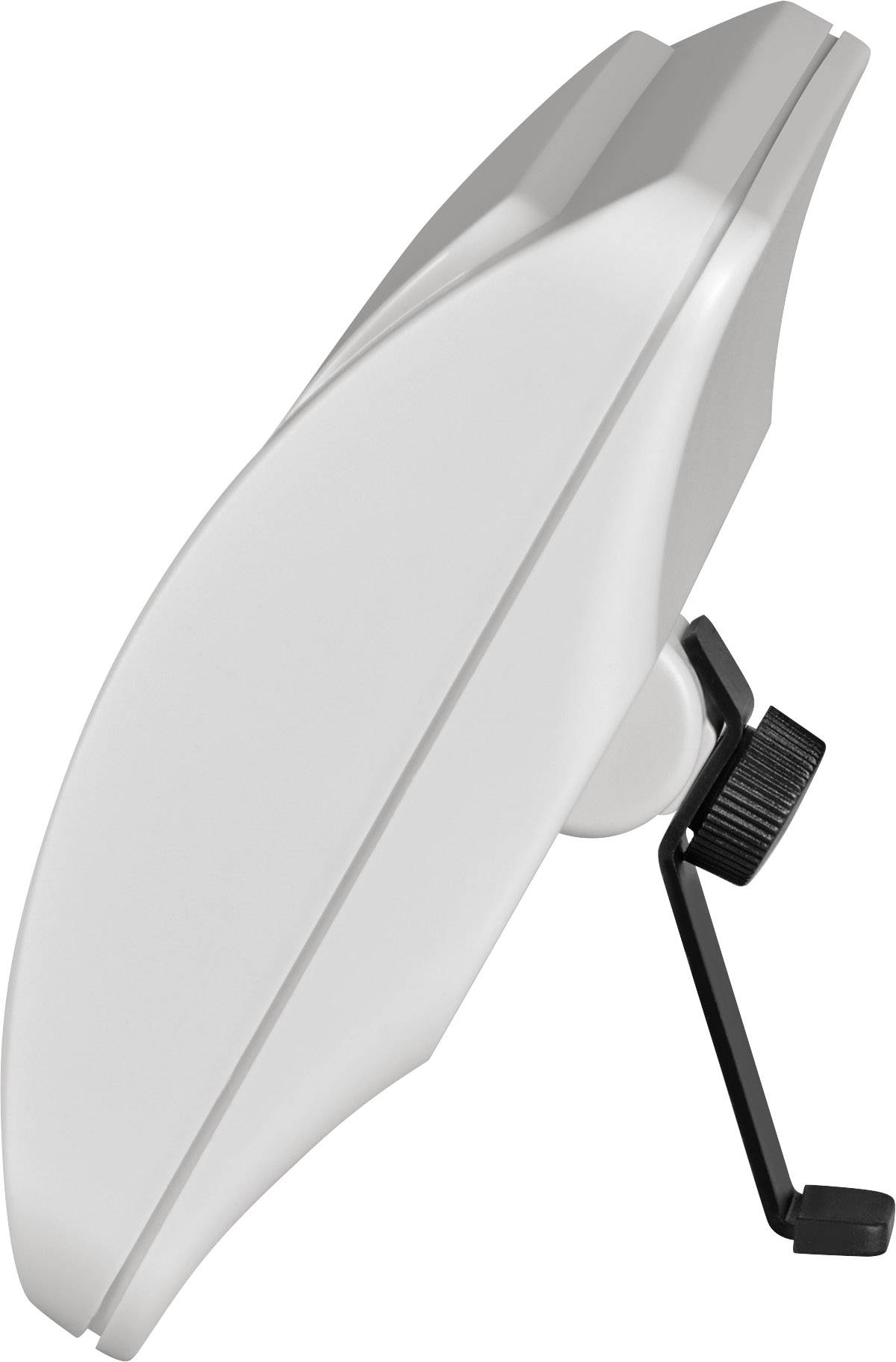 Een witte, elliptische schotelantenne met zwarte bevestigingsarm, opzij gefotografeerd, bedoeld voor internetontvangst.