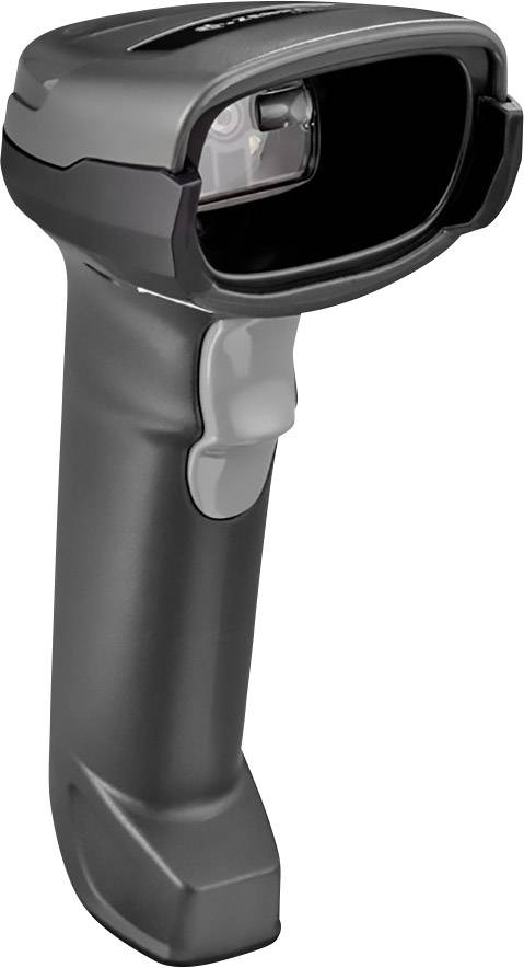 Een zwarte handscanner met een ergonomische greep, voornamelijk gebruikt voor het scannen van barcodes in de retail of magazijnomgeving.