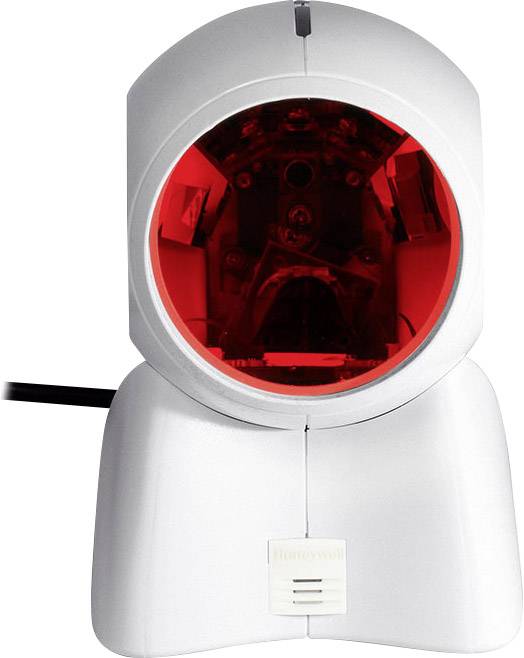 Een barcodescanner met een rood lichtvenster, geschikt voor de detailhandel, staat op een tafel.