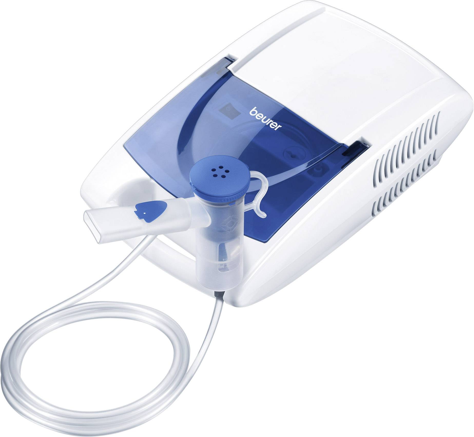 Een witte inhalator met een blauwe deksel en slang voor medische ademhalingstherapie. Merknaam op de bovenkant.
