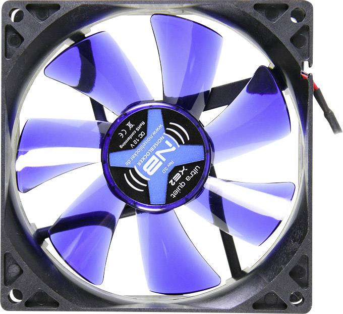 Een blauwe computerventilator in een vierkante behuizing, kabel aan de zijkant. Geschikt voor het koelen van pc-componenten.