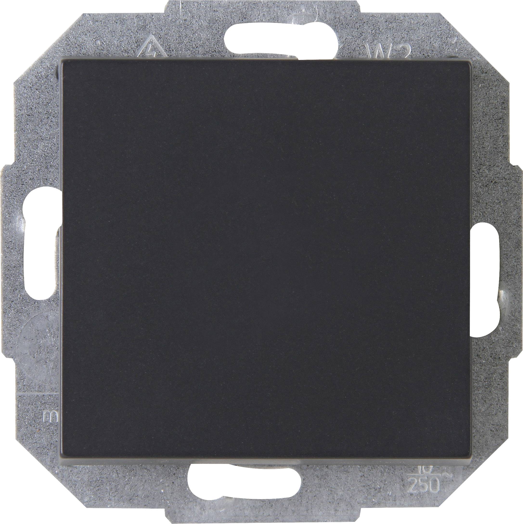 Een zwarte lichtschakelaar met metalen frame, vierkant, zonder zichtbare markeringen of labels, geschikt voor montage.