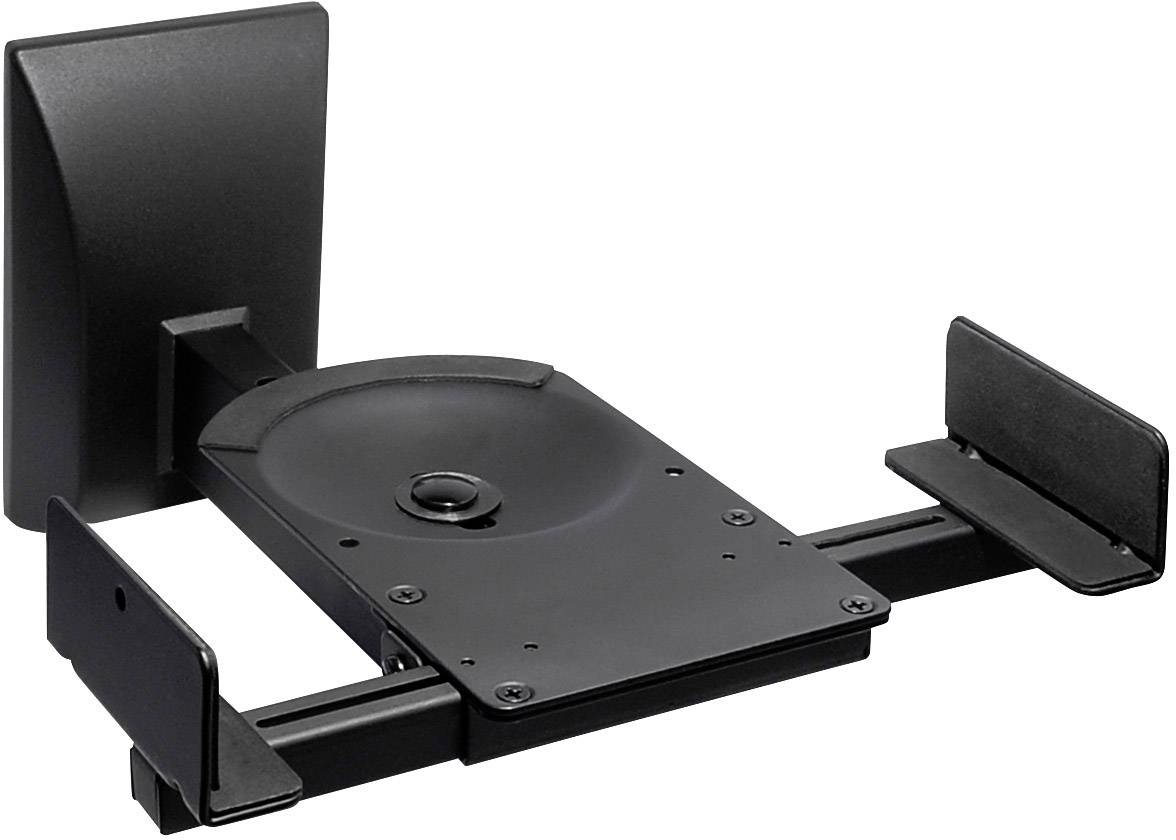Zwarte wandbeugel voor luidsprekers of kleine apparaten, met verstelbare arm en veiligheidsbevestigingen.
