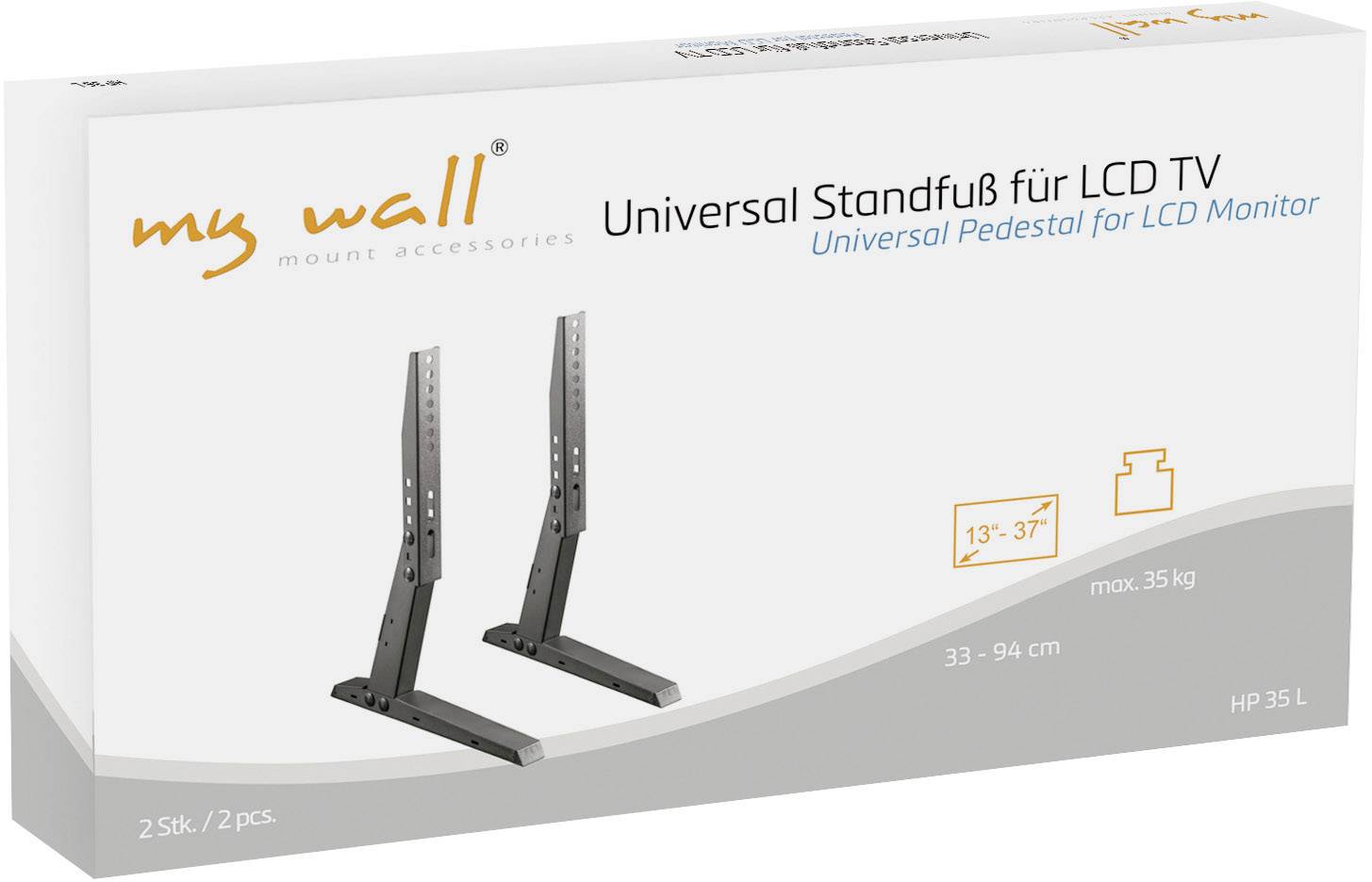 Verpakking van een universele standaard voor LCD-tv's, geschikt voor beeldschermdiagonalen van 33-94 cm, maximaal 35 kg, 2 stuks inbegrepen.