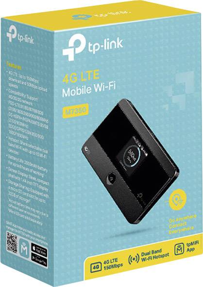 Een blauwe verpakking met 'tp-link 4G LTE Mobile Wi-Fi M7350'. Toont een draagbaar wifi-apparaat. Bevat informatie over mobiele dataverbinding.