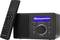 Zwart internetradio met luidspreker, grote draaiknop en display, toont 'Mijn favoriete internetradio', naast een afstandsbediening.
