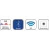 Symbolen voor FM-radio, Bluetooth, WiFi en opname. Toont functies van een audioapparaat met verbindings- en opnamemogelijkheden.
