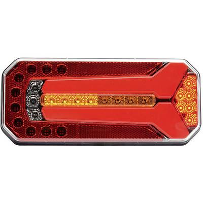 Achterlicht van een voertuig met rode en gele LED-verlichting, toont actieve richtingaanwijzerstatus aan.