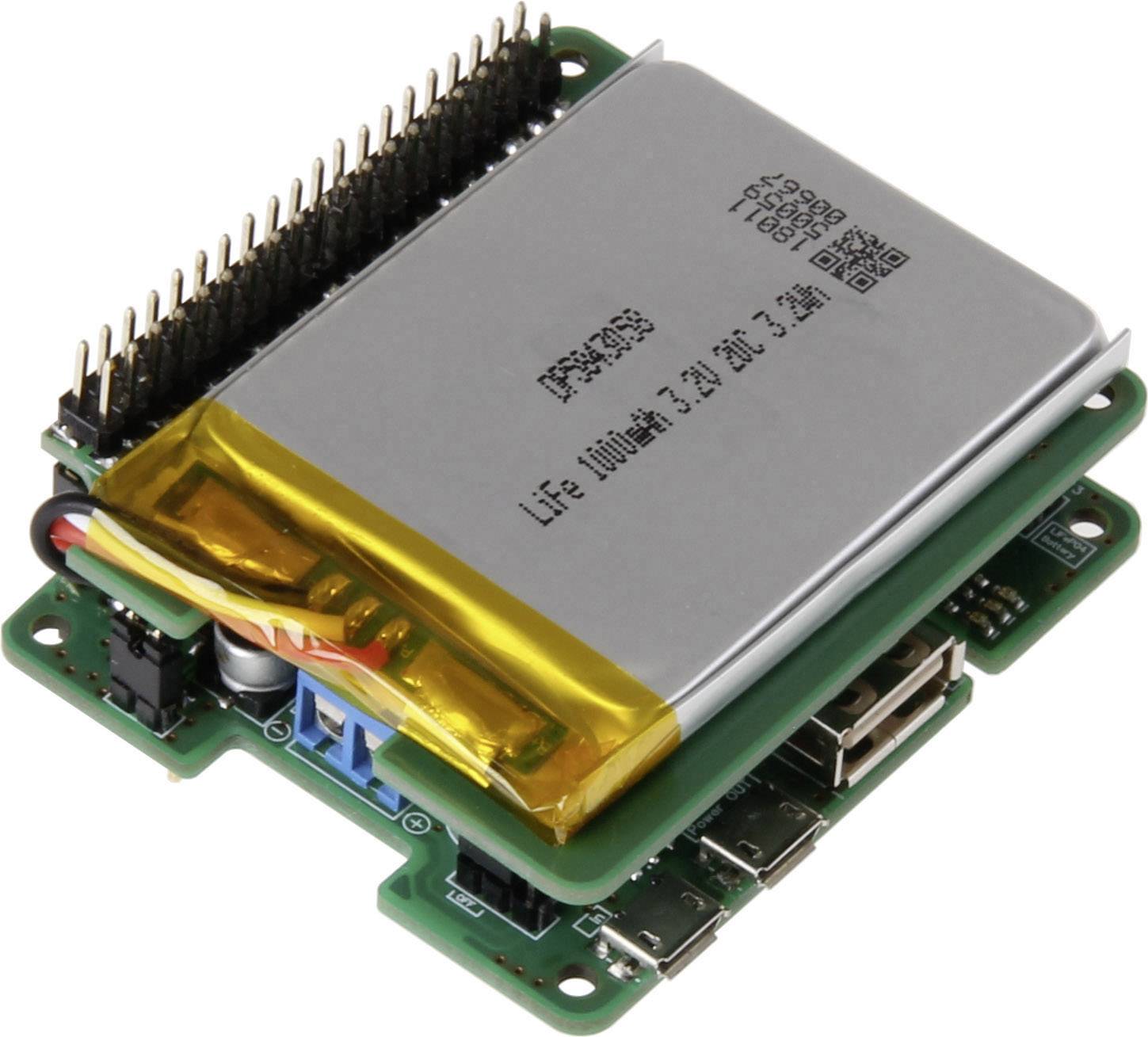 Een groen elektronisch module met een lithiumbatterij aan de bovenzijde en meerdere aansluitingen, geschikt voor technische toepassingen.