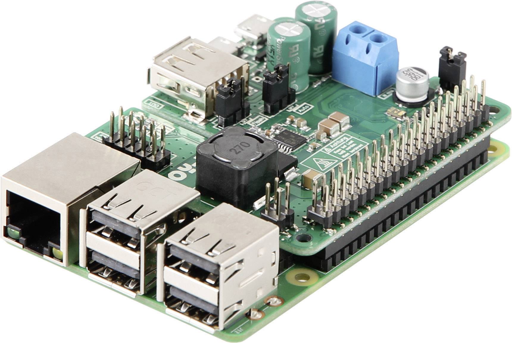 Een groen computerboard met één printplaat met meerdere USB-poorten, een Ethernet-aansluiting en aansluitcontacten, gebruikt in elektronische projecten.
