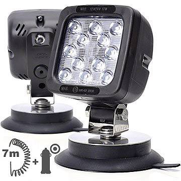 'Twee zwarte LED-werklampen met magneetvoet, ideaal voor een bereik van 7 meter. Eén toont de voorkant met 12 LED's, de andere de achterkant.'