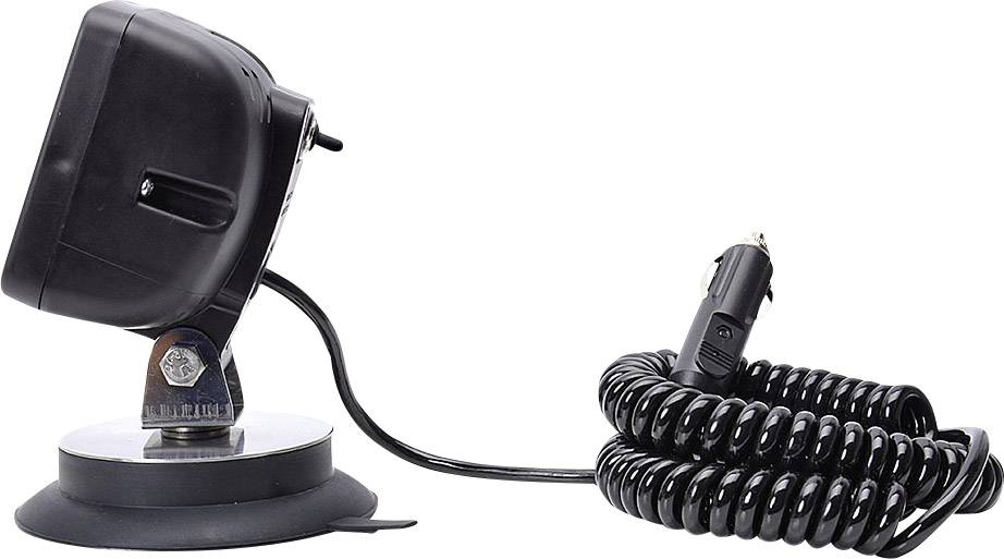 Draagbare, zwarte autolamp met spiraalvormige kabel, aangesloten op een sigarettenaanstekeradapter en met zuignap bevestiging, zijaanzicht.