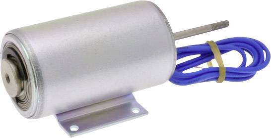 Kleine cilindrische elektromagneet met blauwe aansluitkabel en metalen bevestiging, voor gebruik in elektrische apparaten.