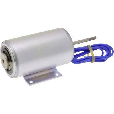 Kleine cilindrische elektromagneet met blauwe aansluitkabel en metalen bevestiging, voor gebruik in elektrische apparaten.