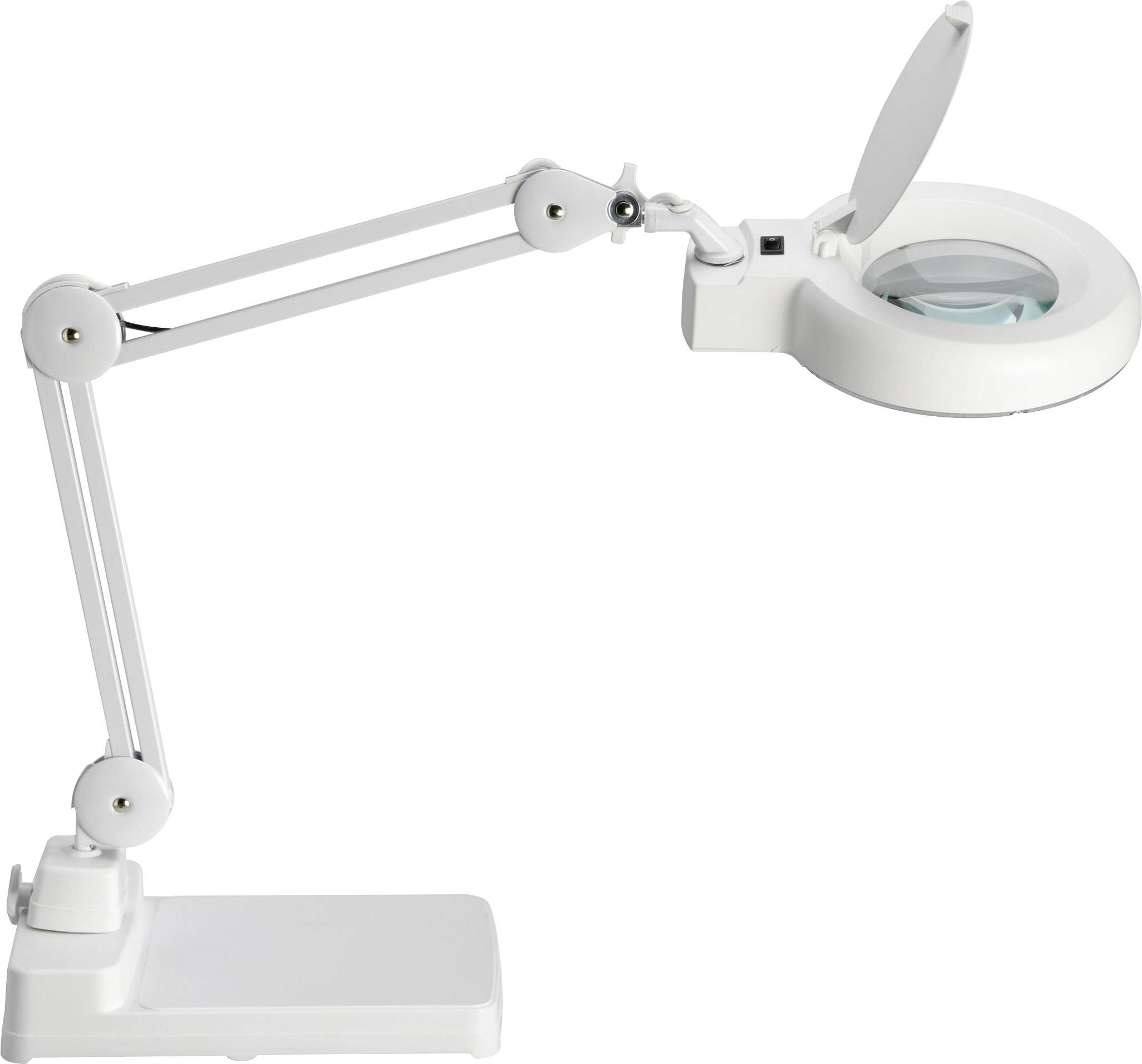 Een witte, verstelbare tafellamp met geïntegreerde vergrootglas. Ideaal voor gedetailleerd werk of lezen.