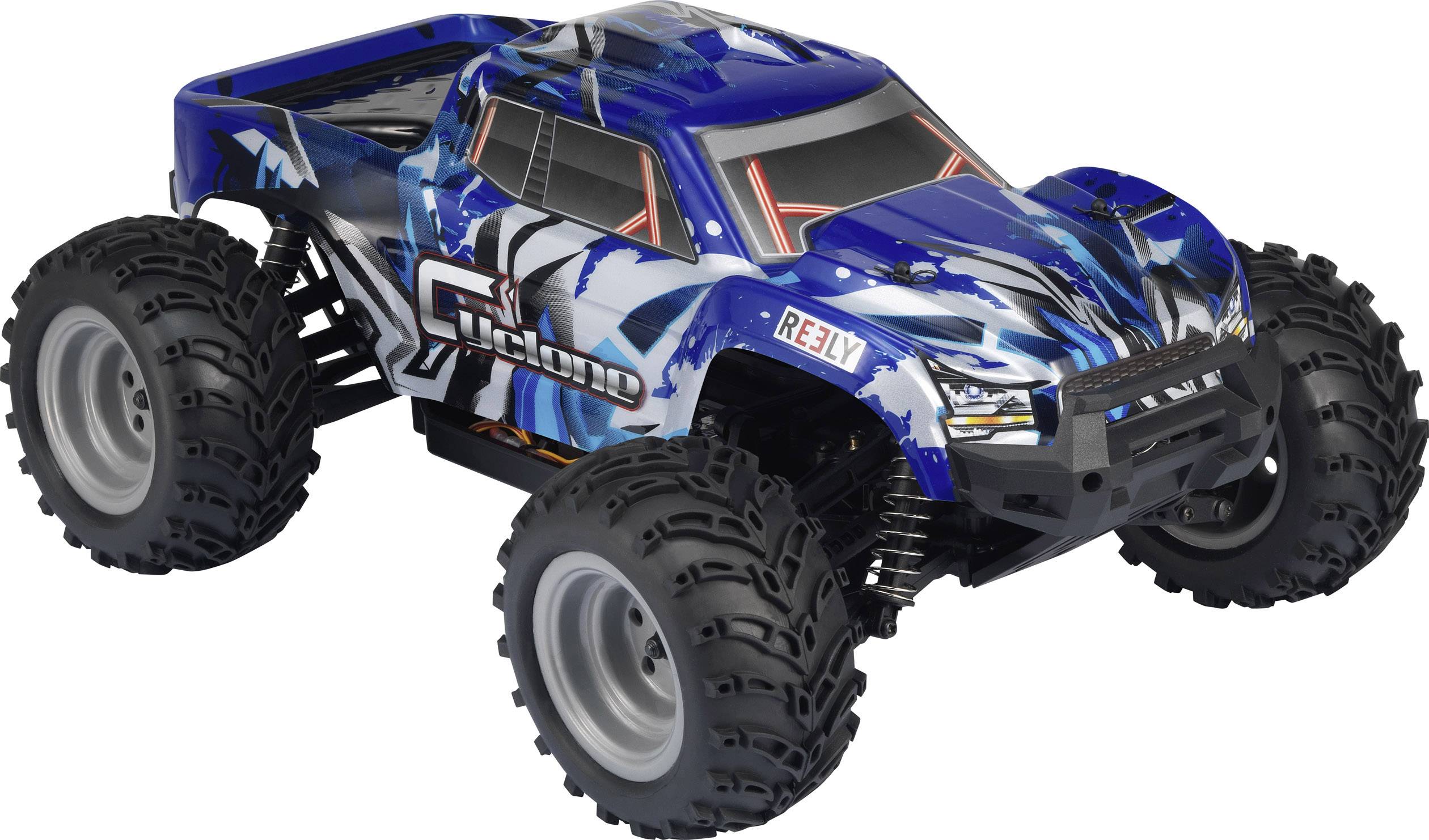 Een blauwe afstandbestuurbare monstertruck met grote banden en een dynamisch patroon. Het model 'Fierce' is zichtbaar aan de zijkant.