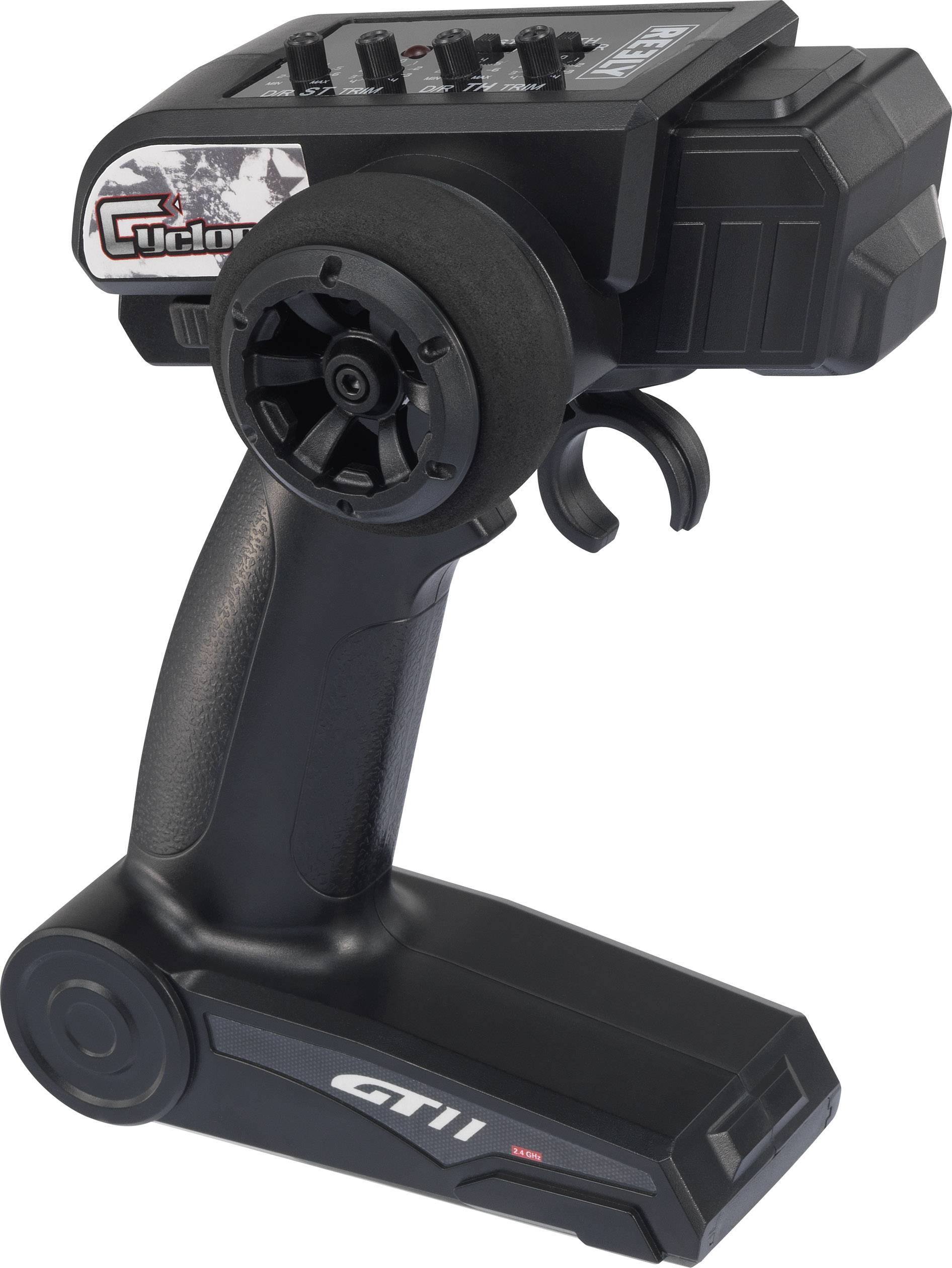 Zwarte draadloze afstandsbediening met meerdere knoppen en een stuurwiel, gebruikt voor het besturen van radiografisch bestuurbare auto's of apparaten.