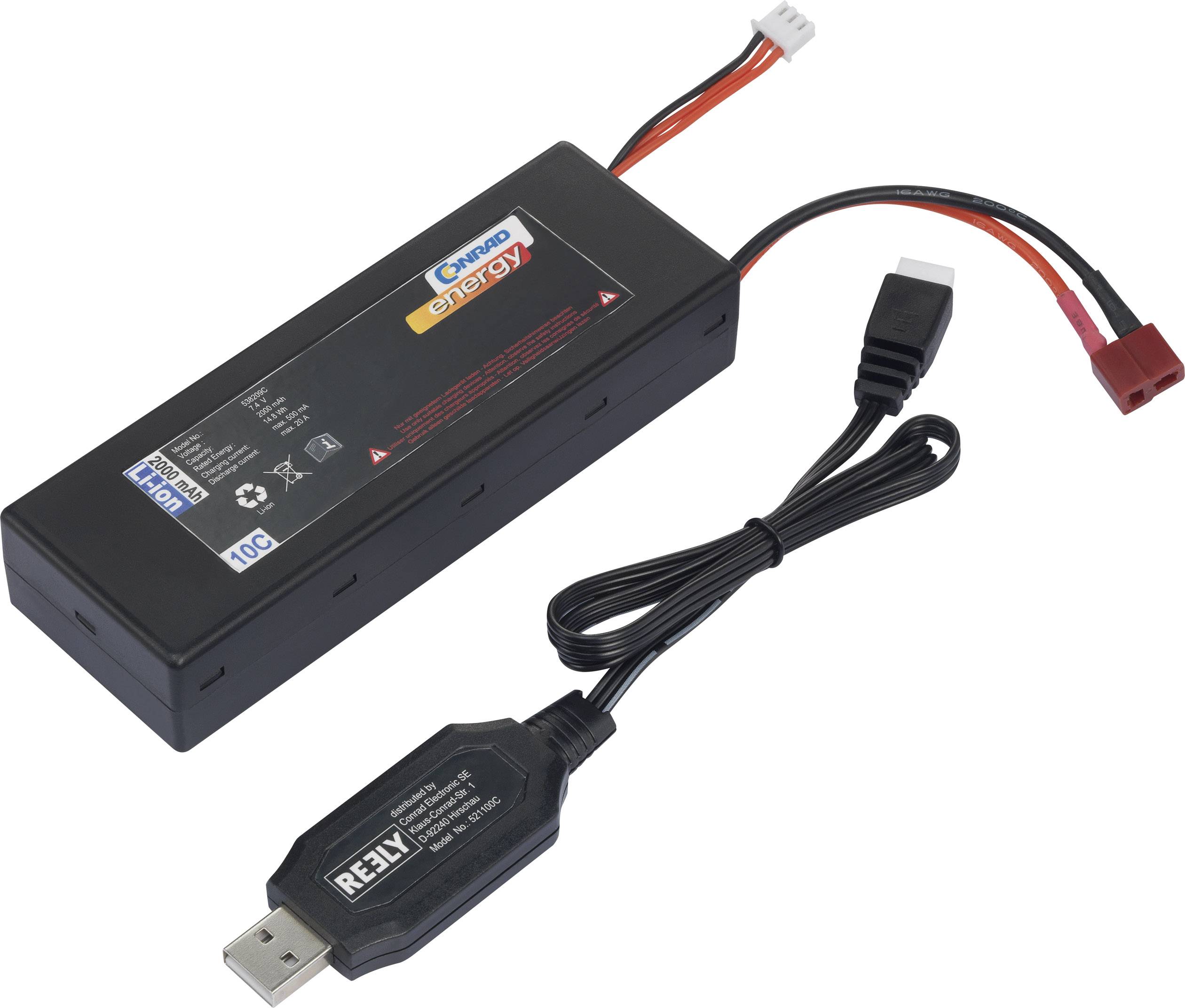 Zwarte lithium-polymeer accu met kabel en USB-adapter.