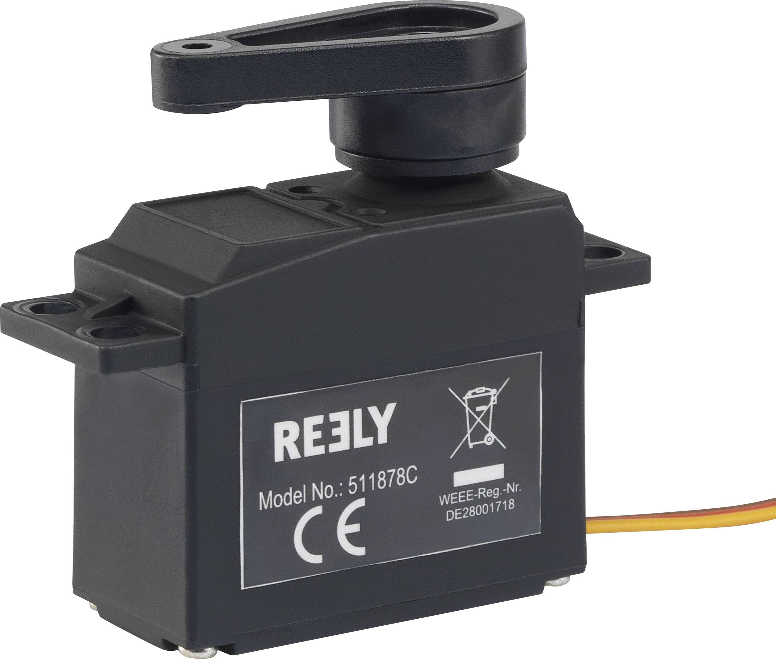 Een zwarte Reely-servomotor met opschrift 'Model No.: 511878C'. CE-markering, WEEE-registratienummer DE28001718.