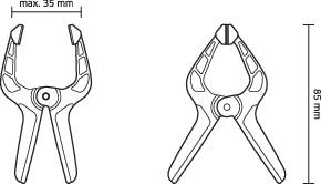 Twee technische tekeningen van een klem, links met maatvermelding 'max. 35 mm', rechts zijaanzicht van de klem.