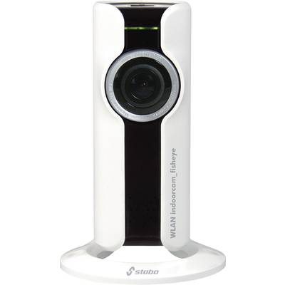 Witte WLAN-binnencamera met fisheye-lens, Stedbo-logo op de basis.