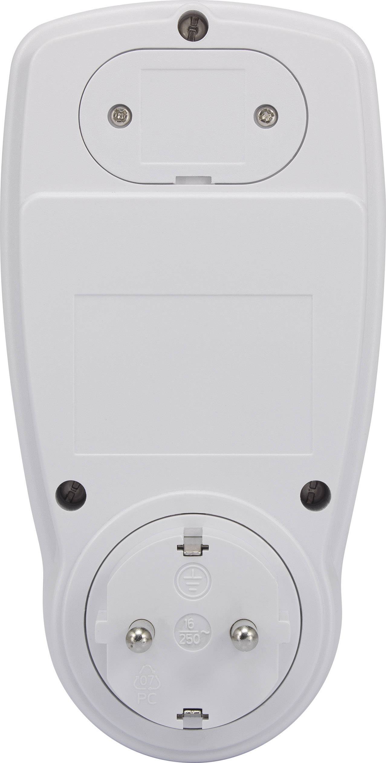 'Achterkant van een elektrisch apparaat met stopcontactaansluiting en schroeven. Geschikt voor EU-stopcontacten.'