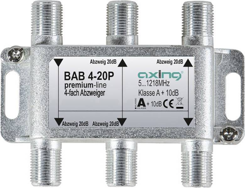 Een 4-voudige aftakker van het merk axing, model BAB 4-20P, voor frequenties van 5-1218 MHz, met 20 dB aftakking, Klasse A+10 dB.