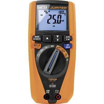 Digitale multimeter met groot display toont '25,0 mA'. Oranje behuizing met draaiknop, verschillende knoppen voor meetmodi en functies.