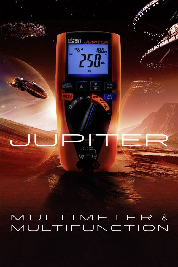 Een oranje multimeter met het opschrift 'JUPITER' voor een futuristische, Mars-achtige achtergrond met ruimteschepen.
