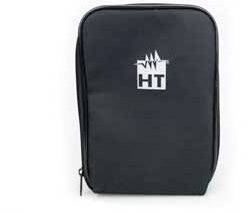 Zwart etui met een wit logo en de letters 'HT' op de voorkant.