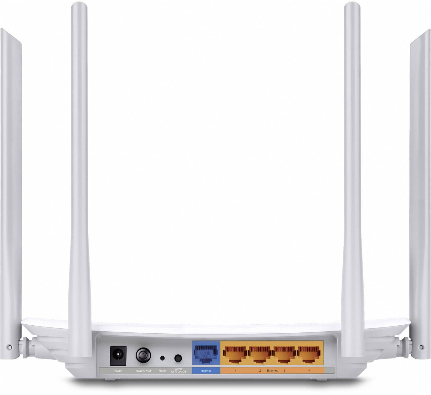 Een witte WLAN-router met vier antennes, vier gele LAN-poorten en een blauwe WAN-poort aan de achterkant.